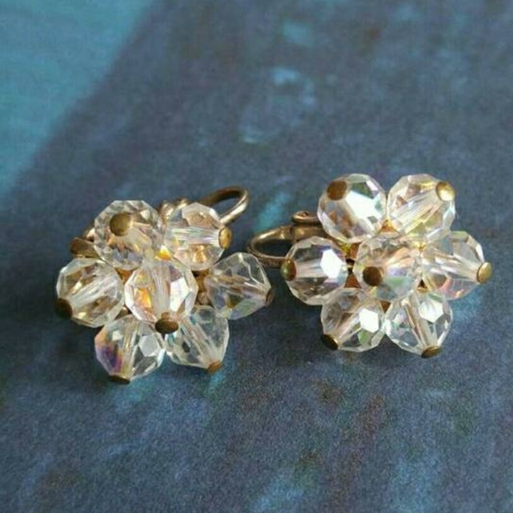 Relisted vintage crystal cluster earrings clip backs aurora - Picture 1 of 4